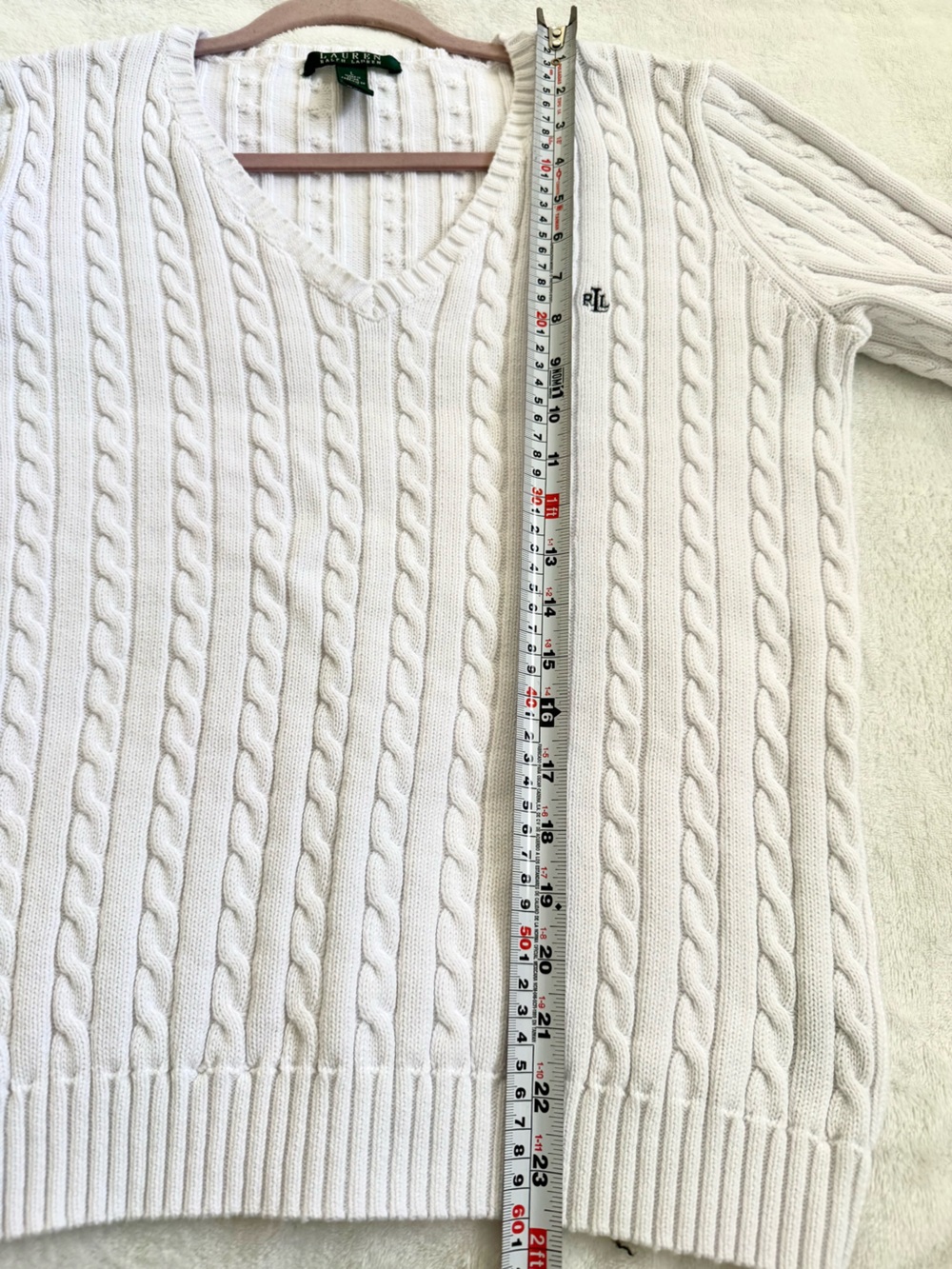 Lauren Ralph Lauren White Cable Knit V-Neck Sweater RL Logo Large - Picture 9 of 10